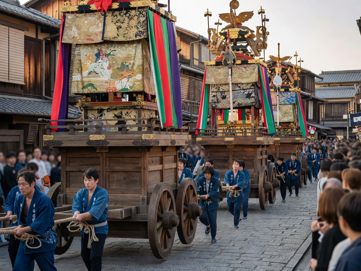 Traditional Yamaboko grand float parade during Kyoto Gion Matsuri in Japan