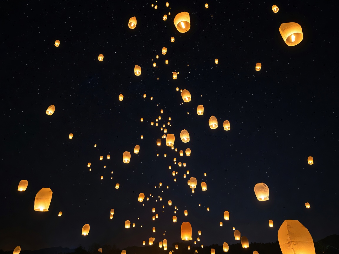 Golden sky lanterns taking flight in night sky