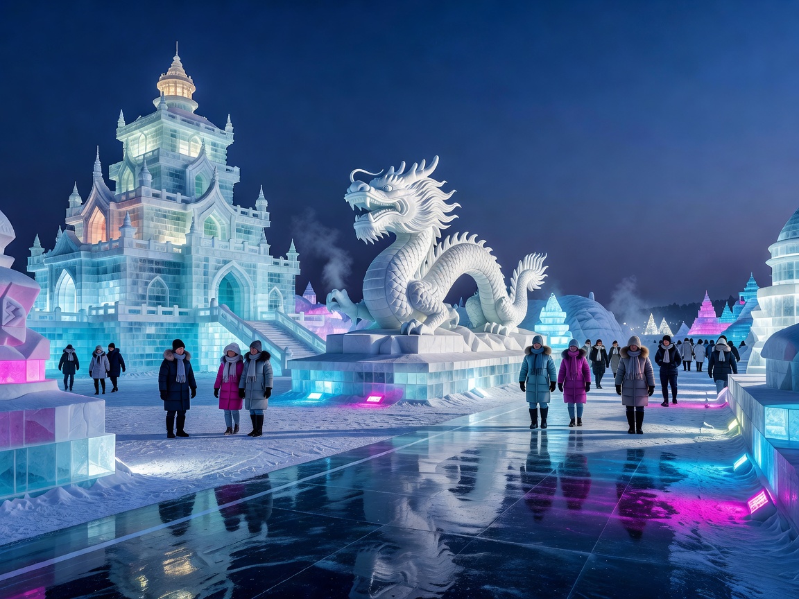 Luminous frozen castles at Harbin International Ice and Snow Sculpture Festival in Heilongjiang China