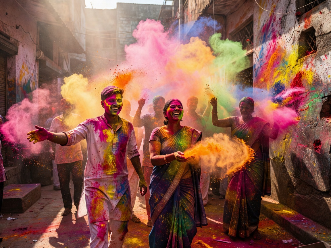 Vibrant colored powder throw during Holi in Mathura India