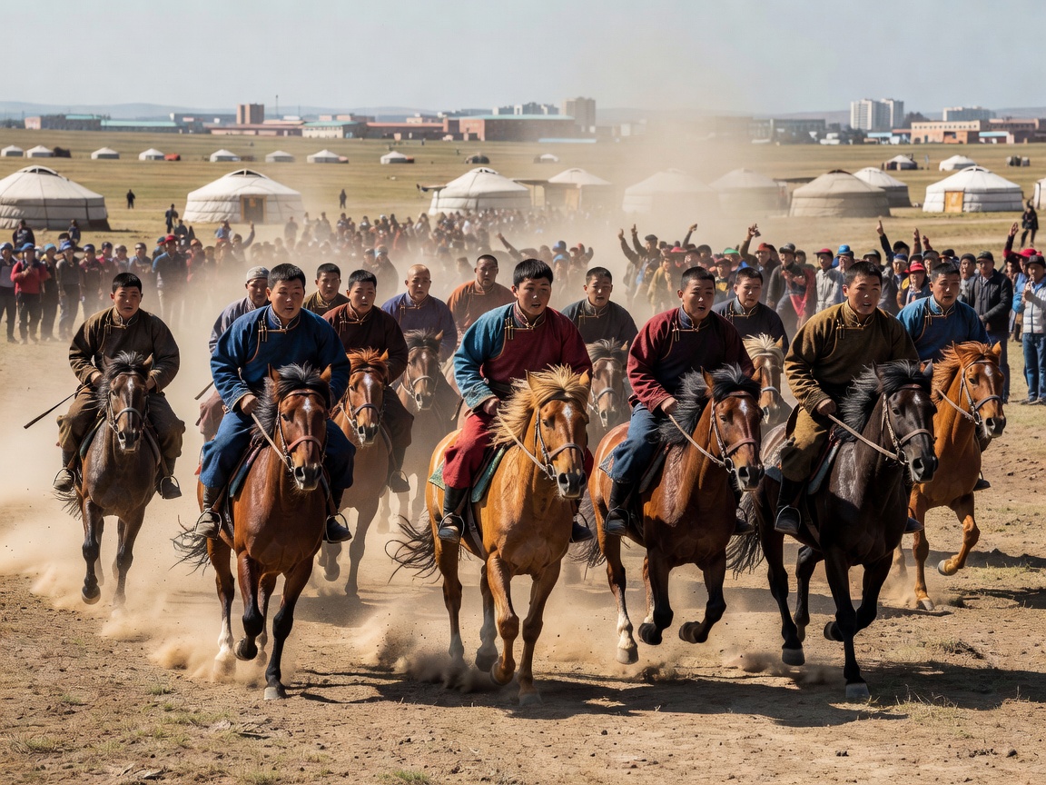 Mongolian horse riders competing at the Naadam Festival in Ulaanbaatar