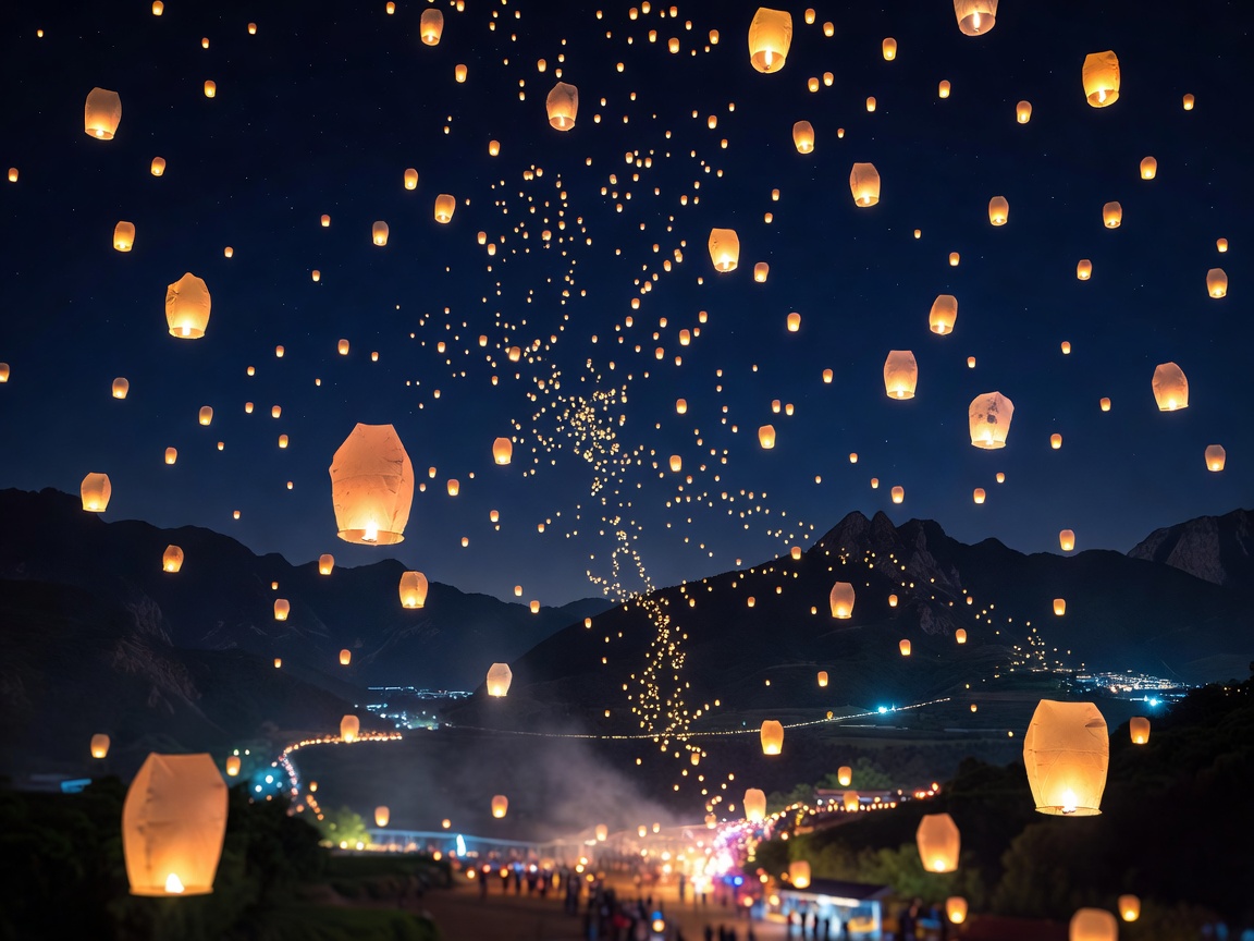 Pingxi Lanterns floating in night sky in Taiwan