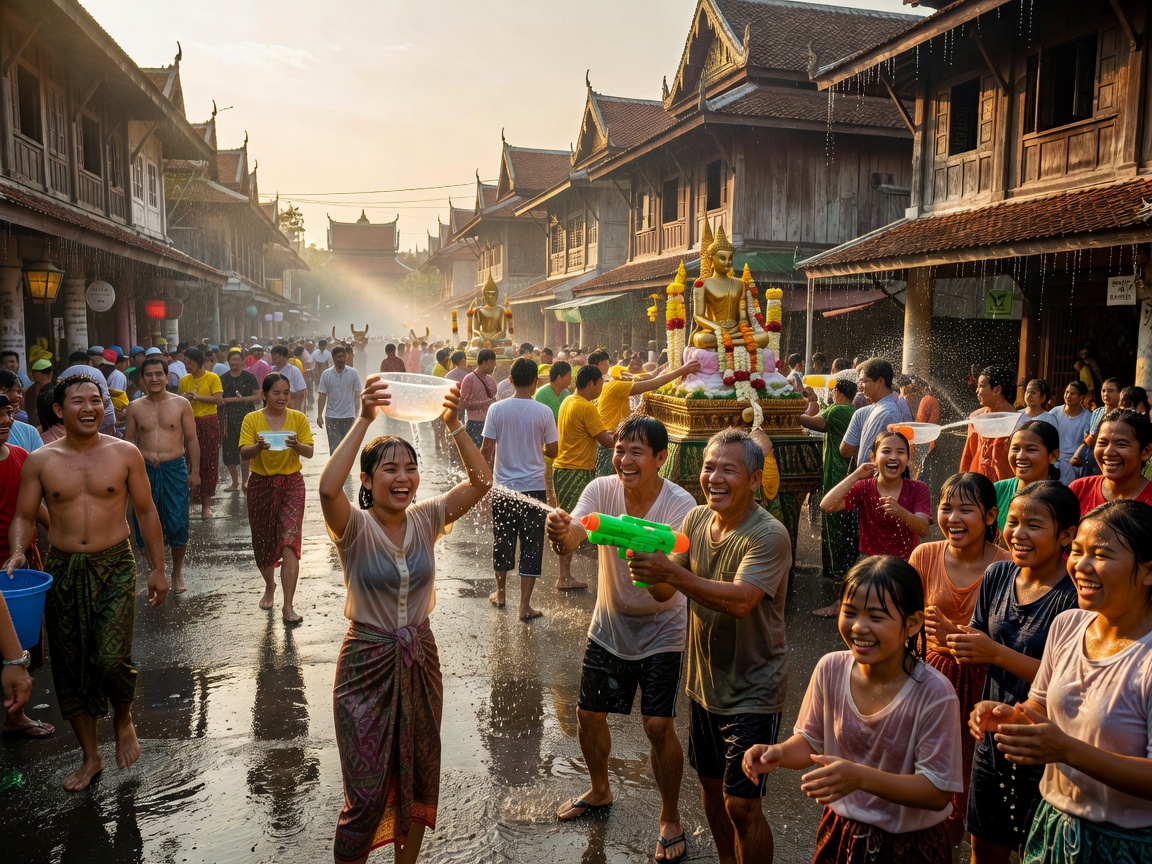 Joyful people splashing water during Songkran festival in Bangkok